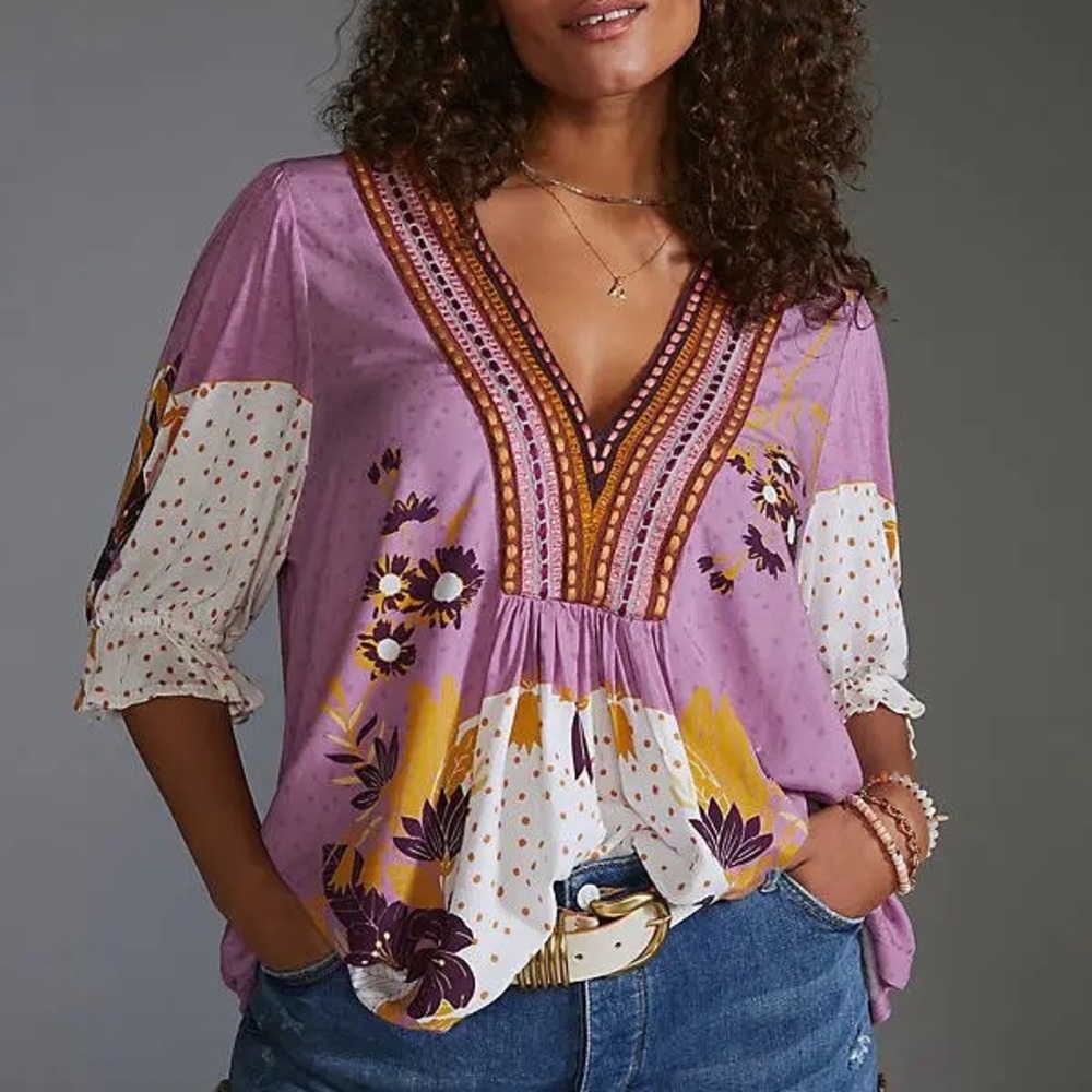 Anthropologie Blnk Stephanie Purple Gold Floral Long Sleeve Top NWT!, Size M - Picture 2 of 10